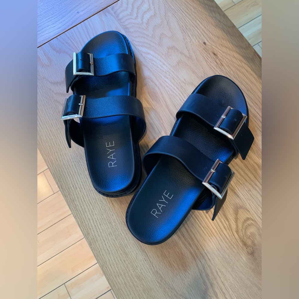 RAYE Clifton Double Buckle Sandals in Black Leather